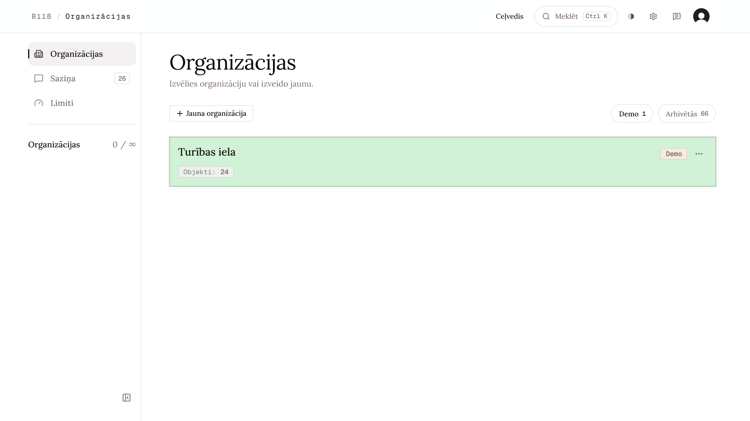 Organizāciju saraksts ar esošām organizācijām un pogu jaunas izveidei.