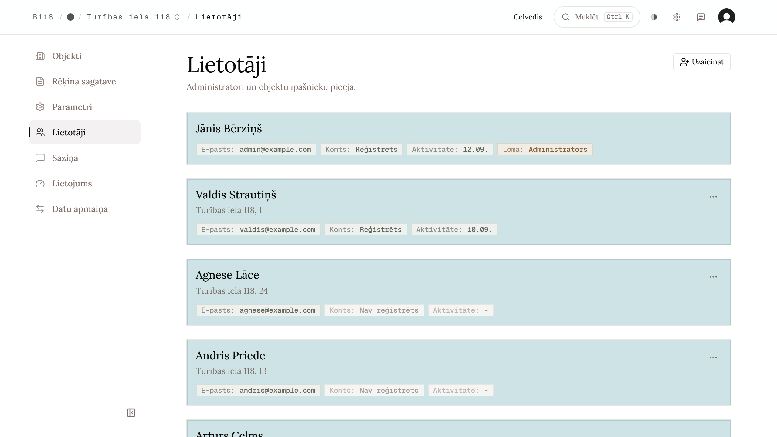 Lietotāju pārvaldības sadaļa.
