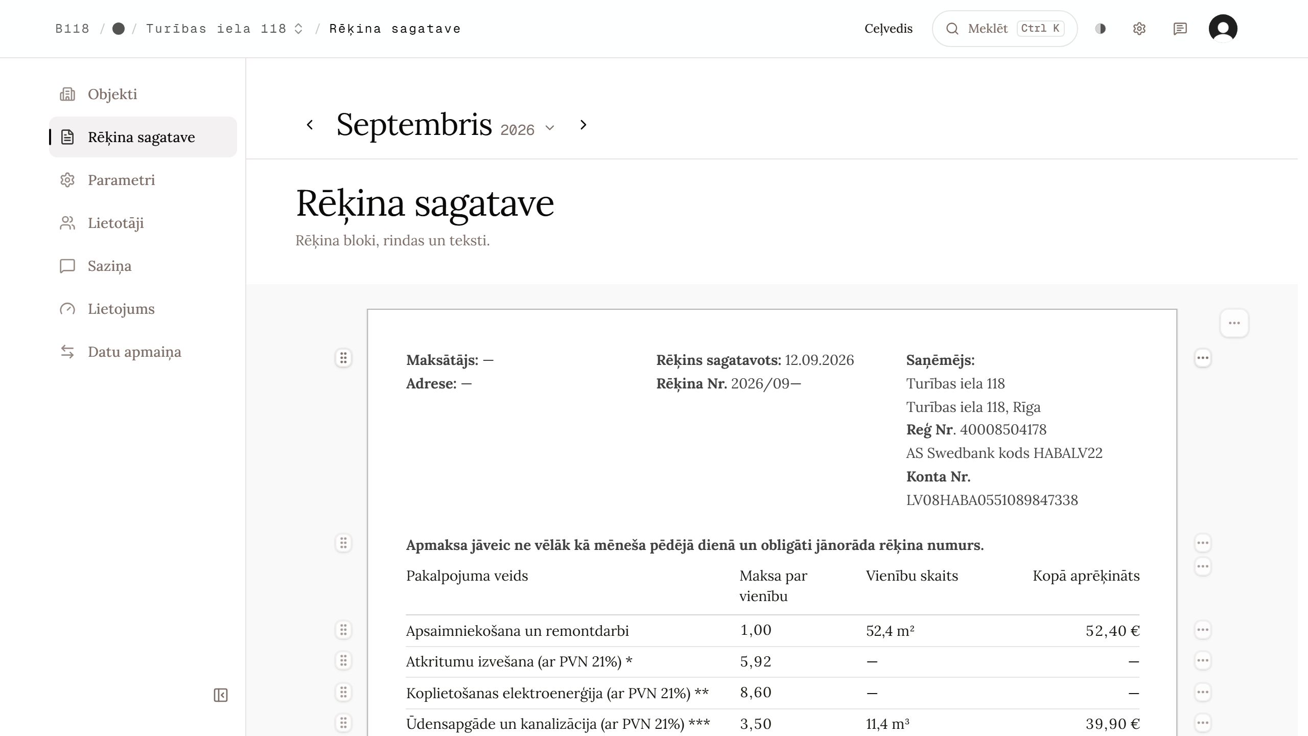 Rēķina sagataves panelis ar priekšskatījumu.